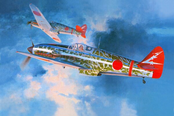 Pintura de arte de aviones de combate individuales japoneses en el cielo