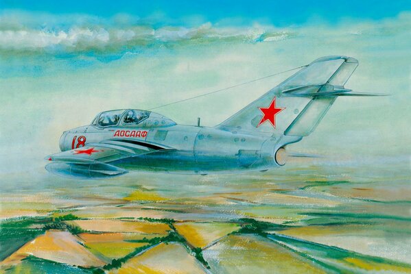 Drawing of a mig 15 fighter flying over the fields