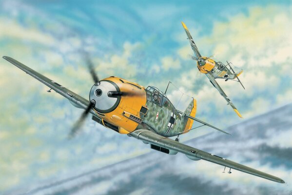 Scenic flight of two orange-green Mmesserschmitt B 109E-3 during WW2.