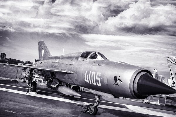 Supersonic multi-purpose fighter MIG-21 black and white photo