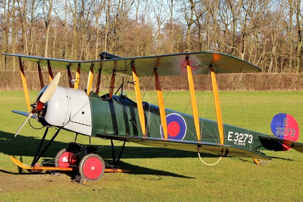 British two-seater aircraft on the background of a forest and a field