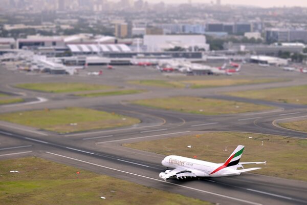 On Aviation Day, an airbus A380 takes off from the runway at the airport