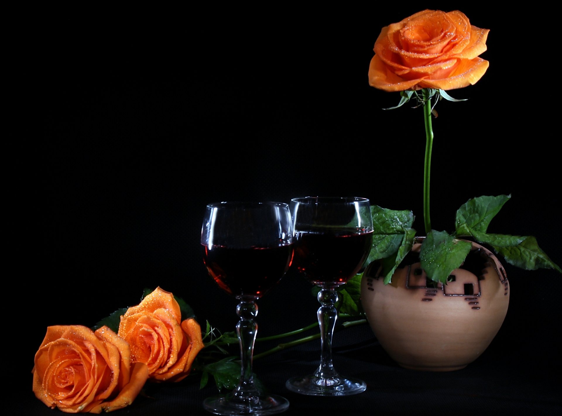 rosas vino copas de vino estado de ánimo