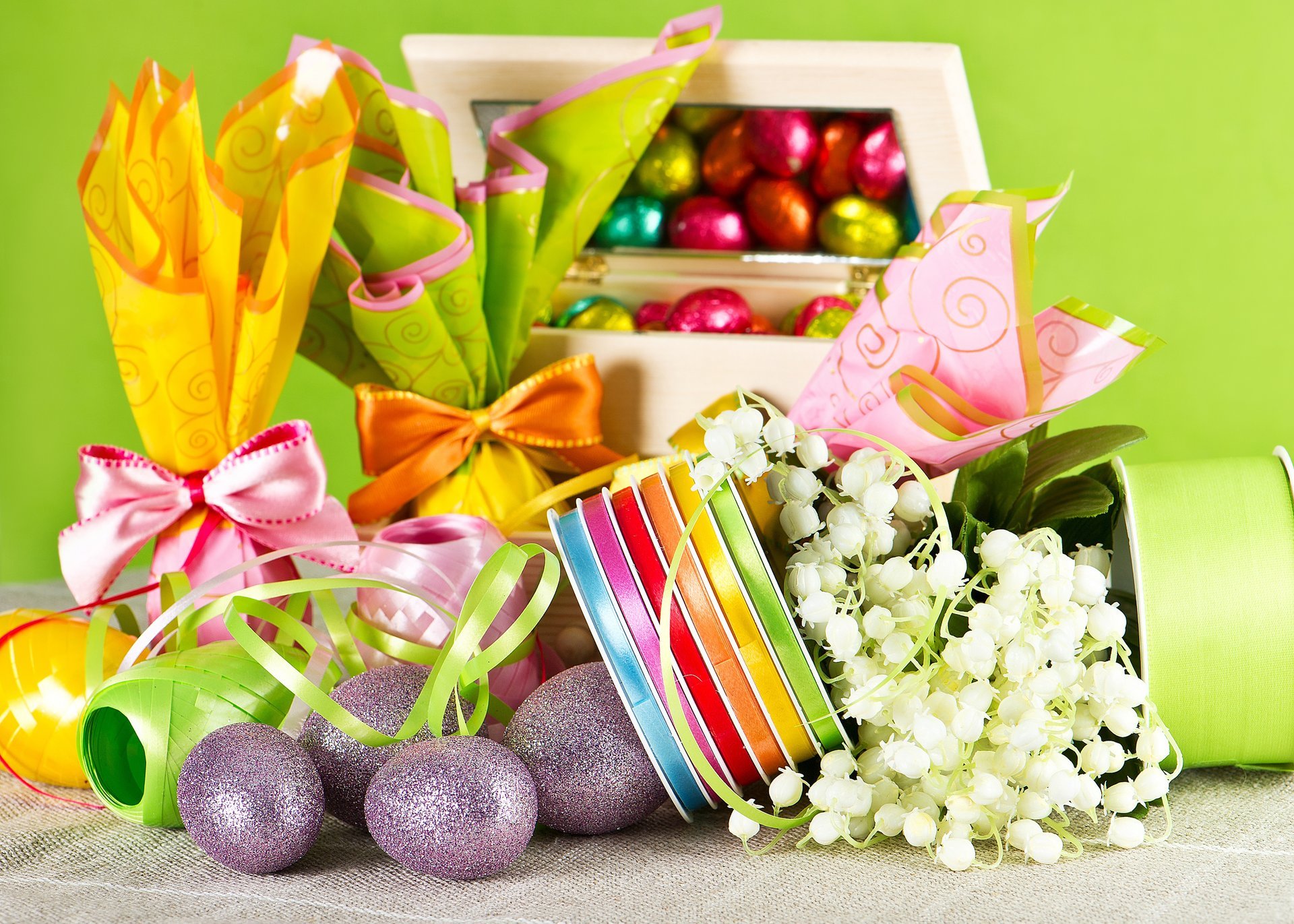 easter eggs easter candy chocolate holiday spring flowers ribbon