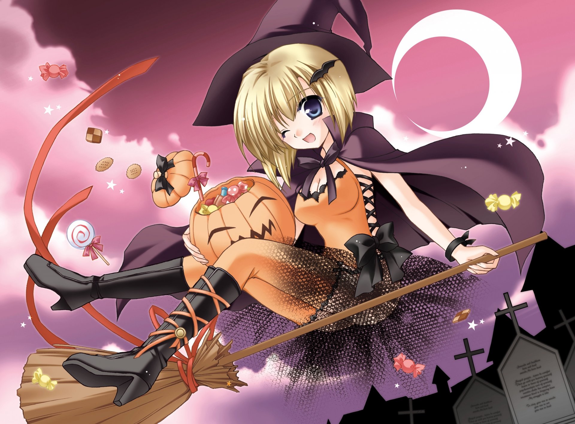 art minase lin halloween fille sorcière balai citrouille bonbons bonbons ruban étoiles lune clin d oeil cimetière croix