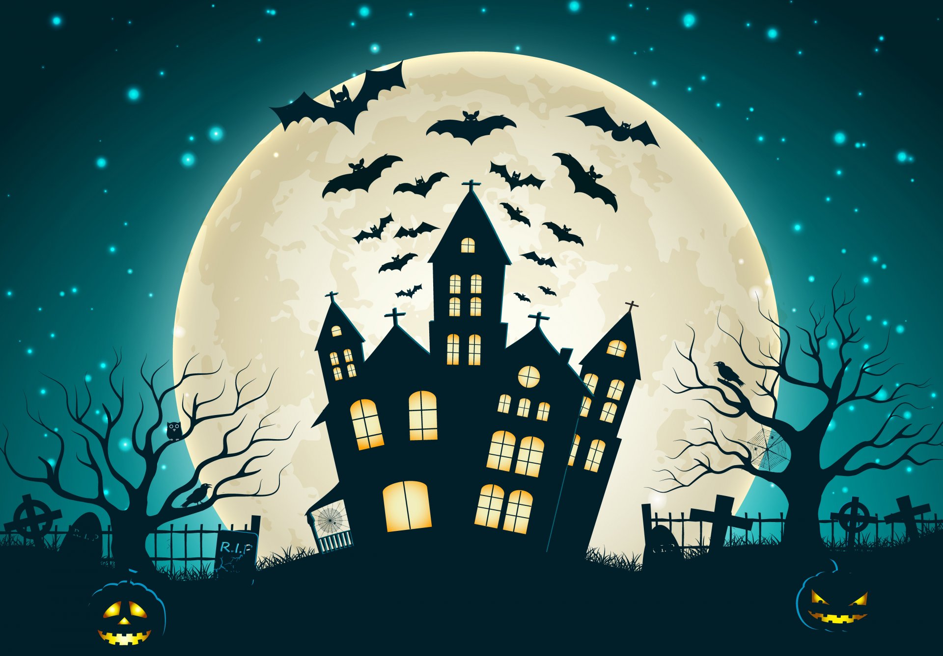 vacances d halloween maison effrayante horreur fantasmagorique pleine lune château arbres chauve-souris vecteur citrouille mal cimetière maison effrayante fantasmagorique citrouille mal