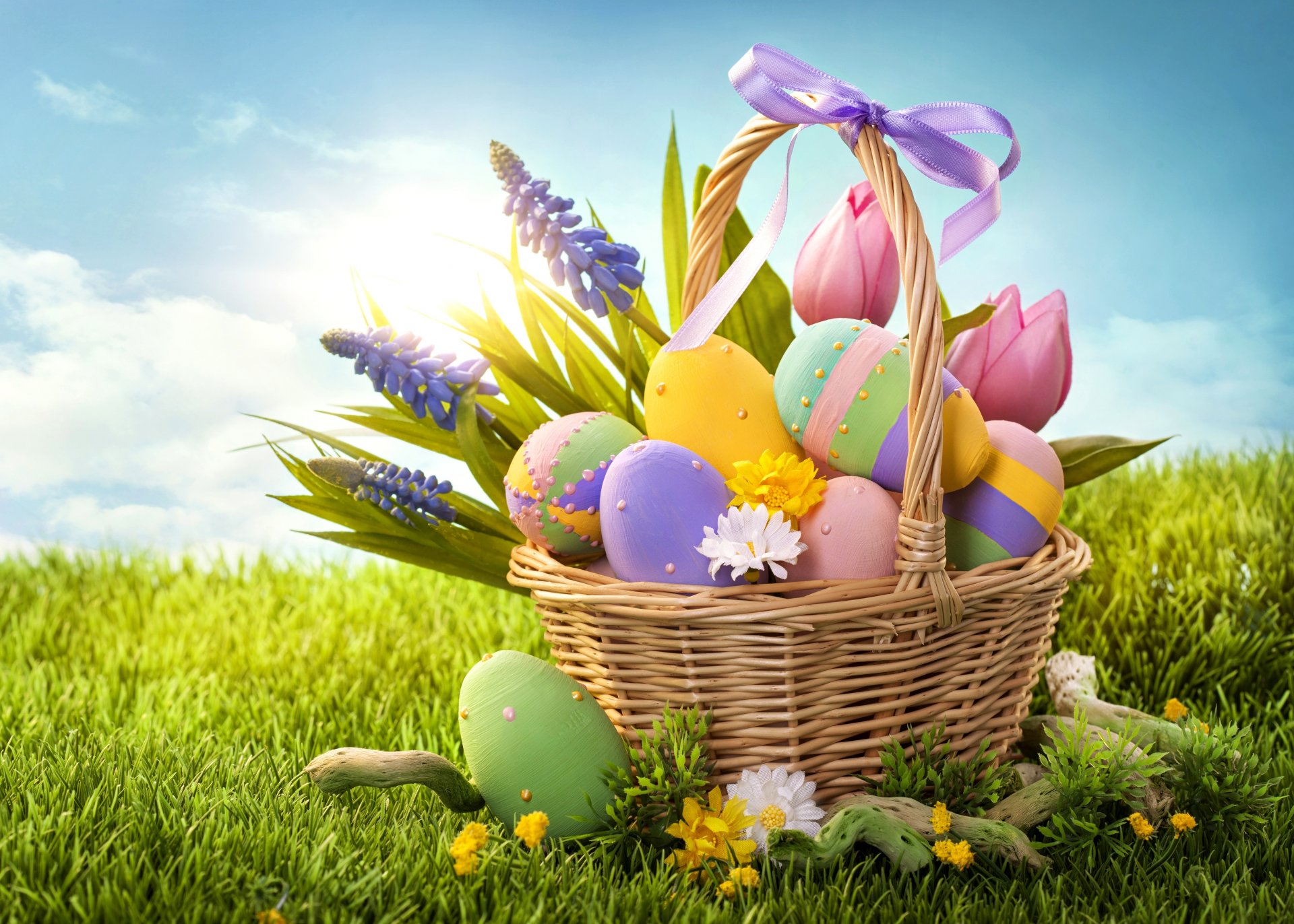 pasqua uova pasqua cestino arco erba vacanza fiori primavera