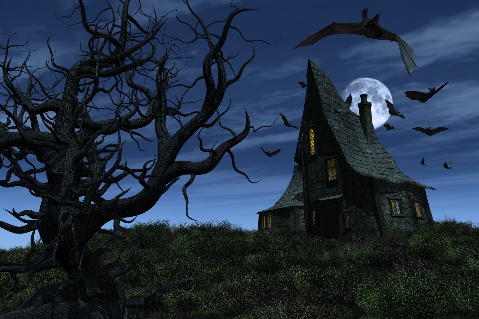 halloween beängstigend spukhaus fledermäuse vollmond gruseliger baum gruseliger baum