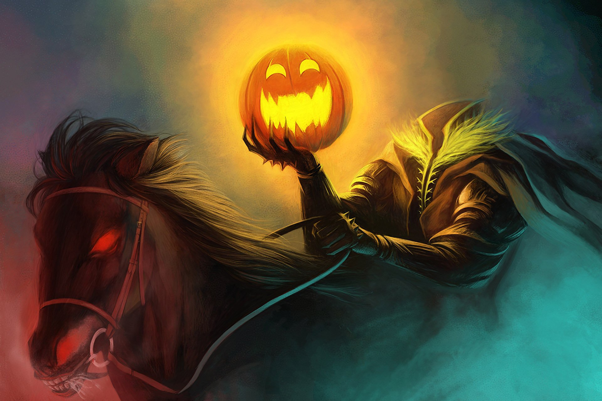 art halloween horseman headless pumpkin horse burning eyes humor