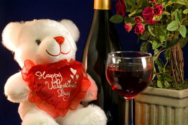 A bear with a heart and a glass of wine