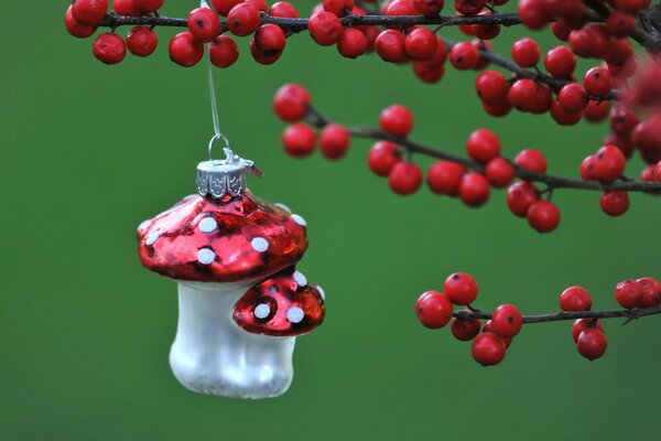 Macro shooting of a festive toy mushroom