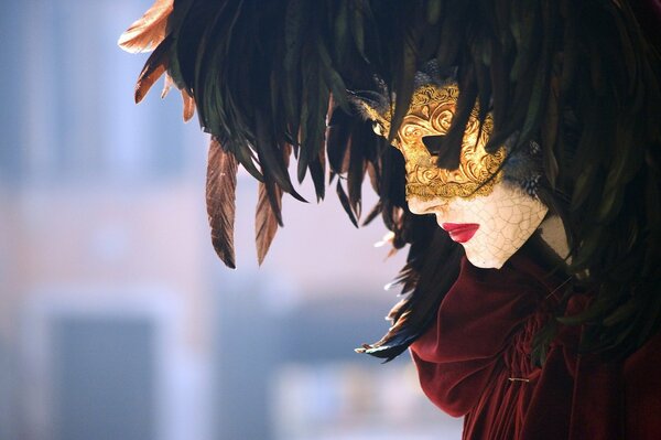 Venice Carnival. closed, beautiful golden mask with feathers