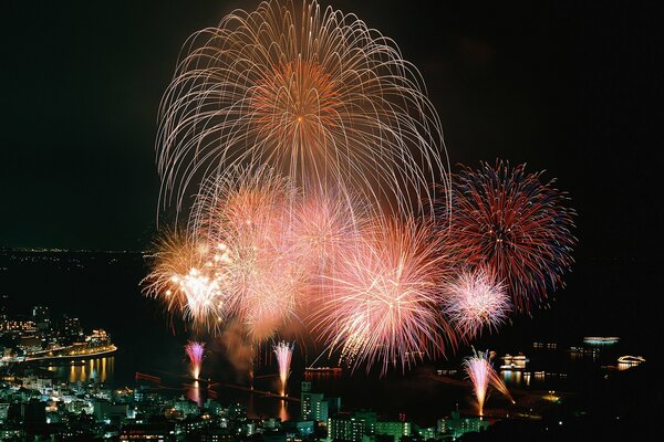 Fireworks in Japan over the city