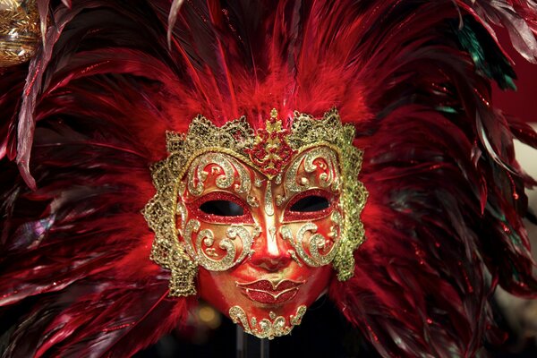 Máscara de mascarada con plumas rojas