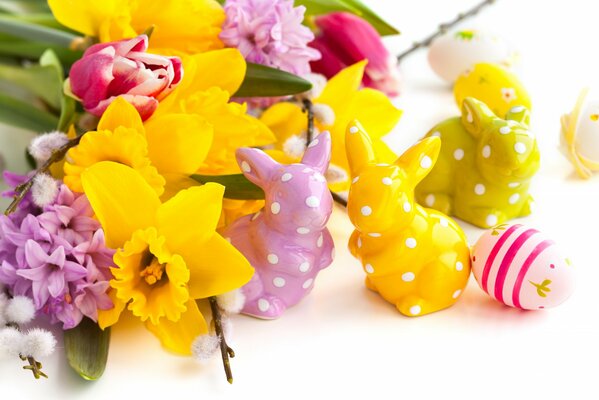 A pair of Easter bunnies in flowers