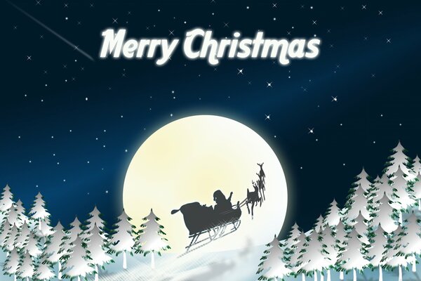 Festive poster of a merry Christmas silhouette of Santa on the moon