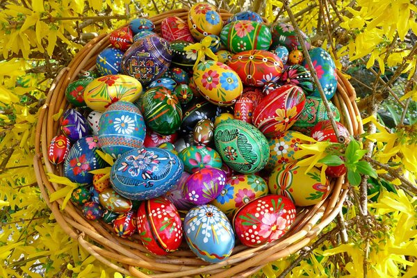 Basket with colorful Easter eggs