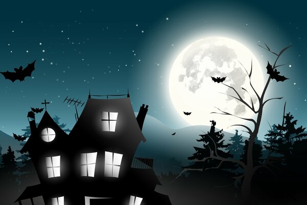 Bats fly the black house into the full moon