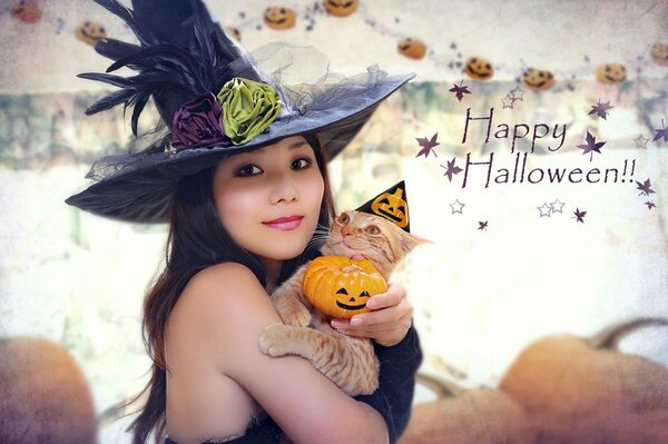 Foto de una chica en un disfraz de bruja con un gato para Halloween