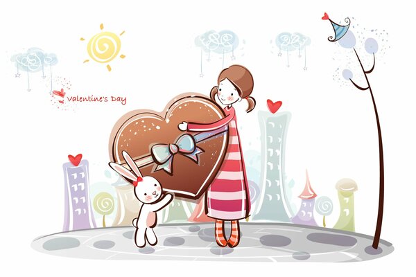 Drawing. A girl and a rabbit with heart-shaped cookies. Valentine card