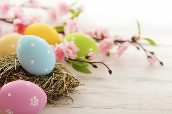 Easter eggs of different colors are lying next to the branch