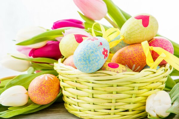 Easter basket : eggs, tulips