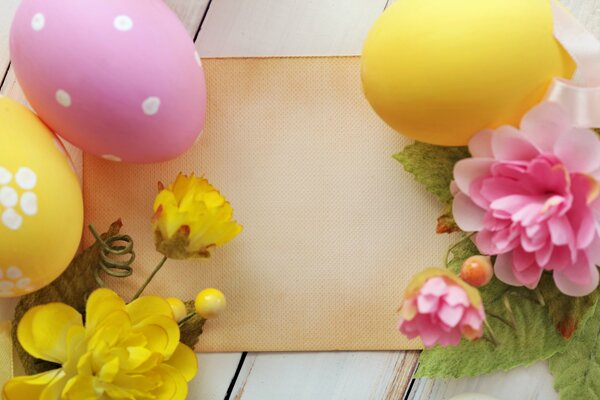 Easter eggs lying next to flowers