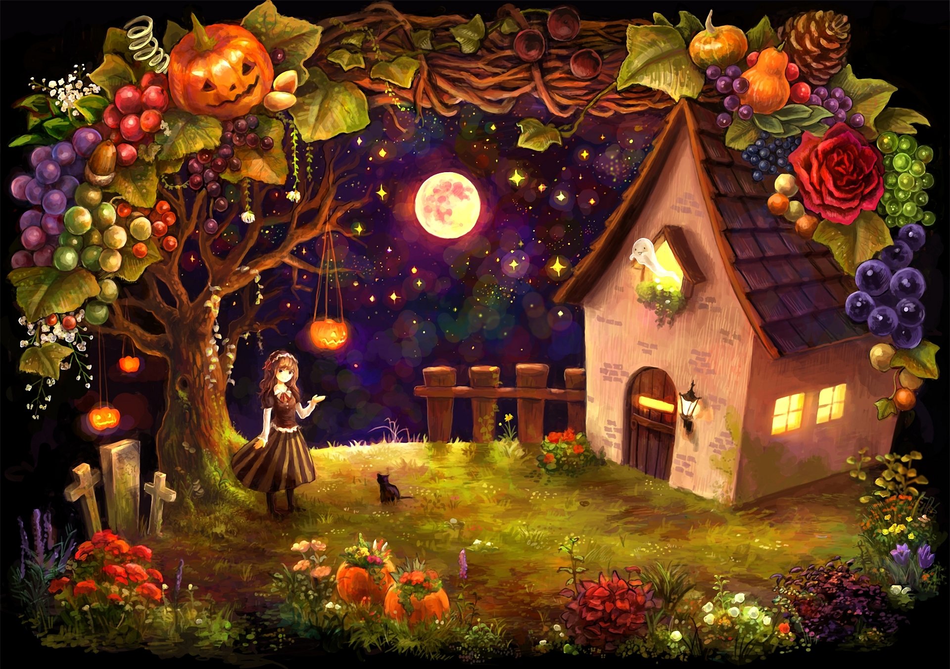 fille maison cabane halloween citrouilles croix récolte fruits légumes lune étoiles nuit fantôme chat chat