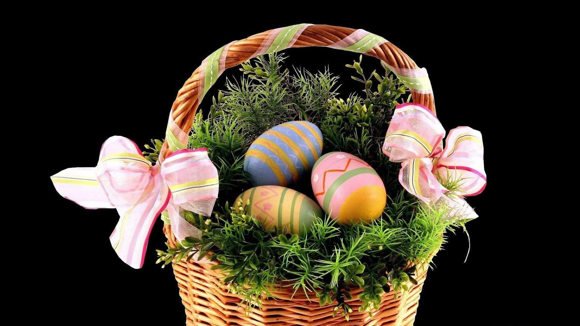 easter resurrection of christ background shopping basket eggs bow