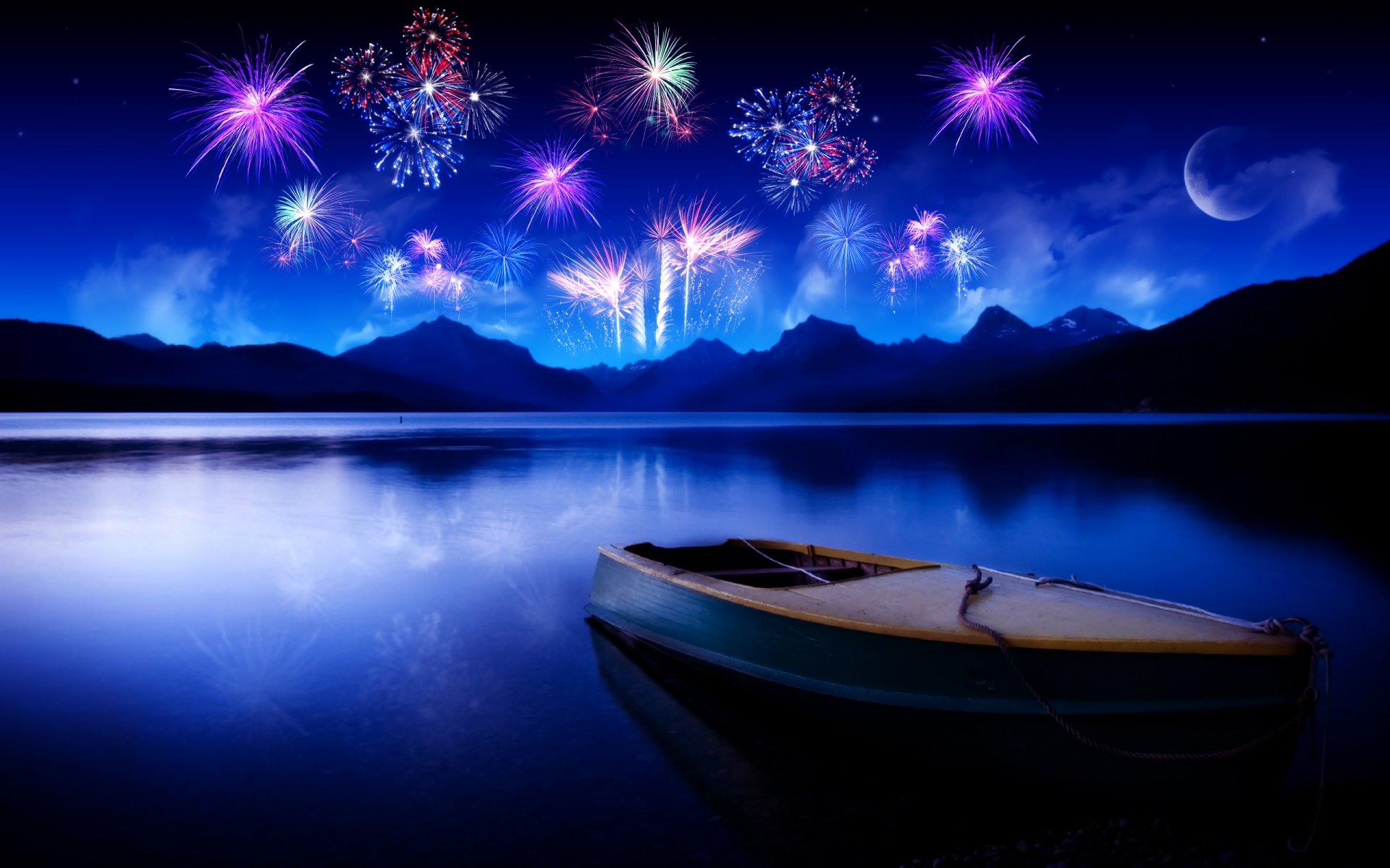 barco fuegos artificiales lago montañas noche reflexión cielo luna agua