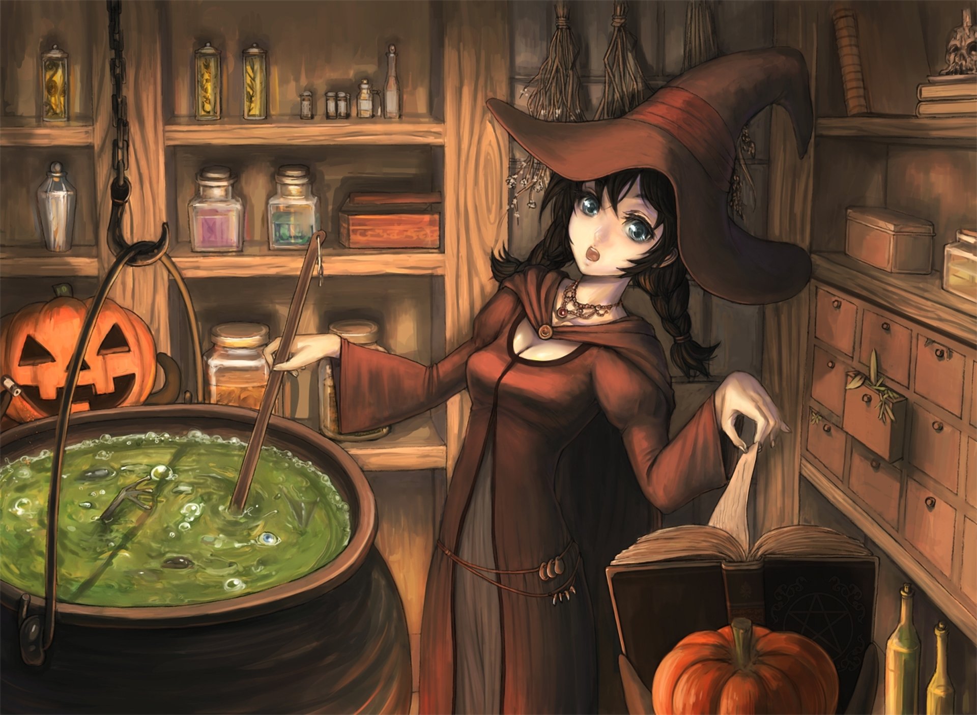 mädchen hexe halloween hut kürbis gebräu buch