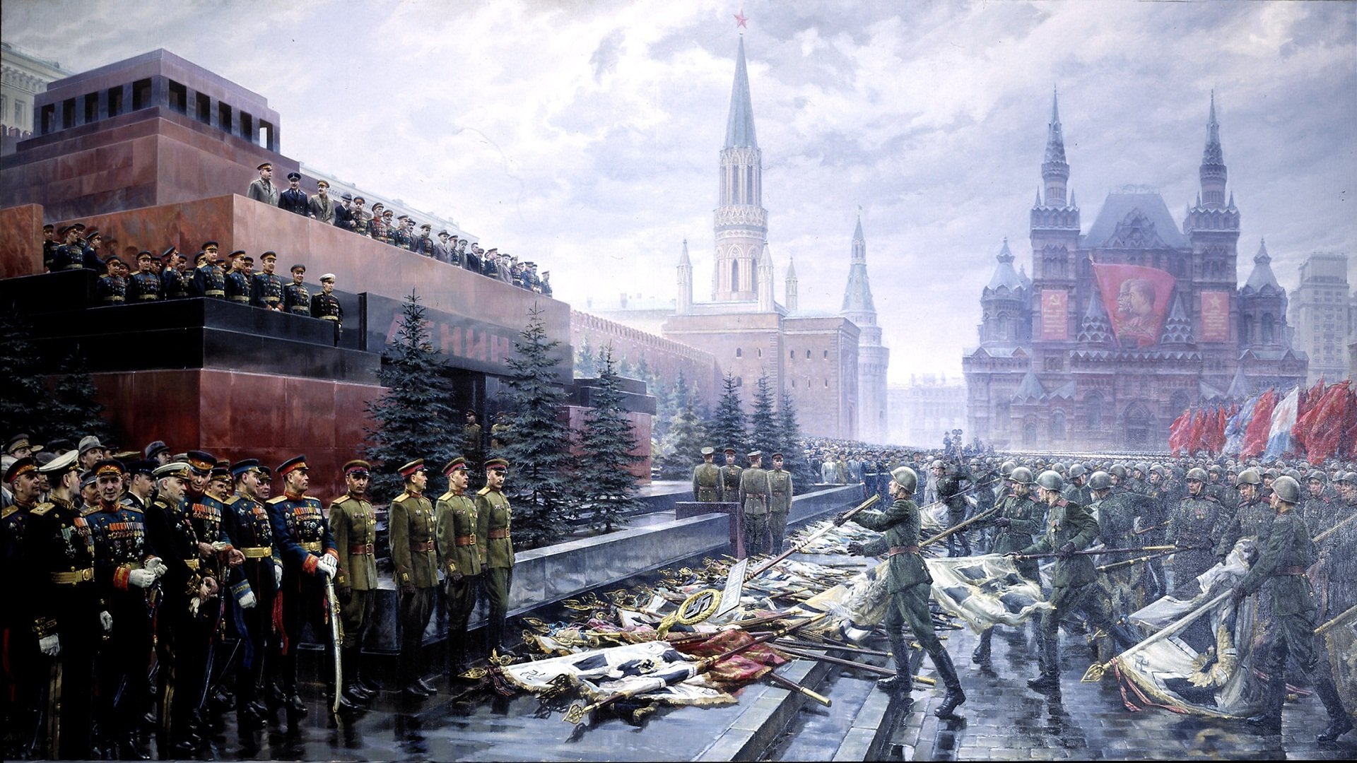 9 de mayo día de la victoria soldados banderas kremlin plaza roja pintura