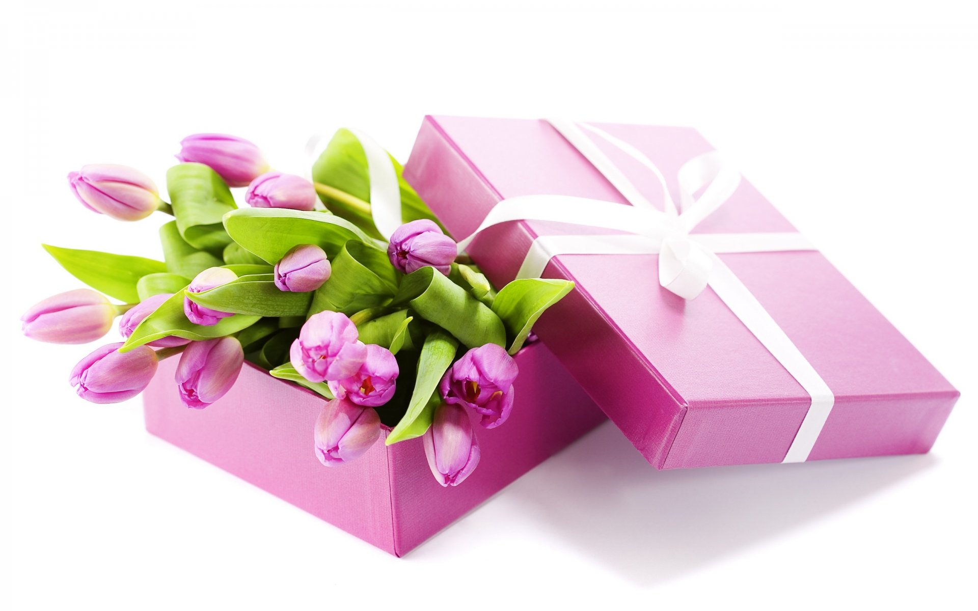 present bouquet tulips box purple