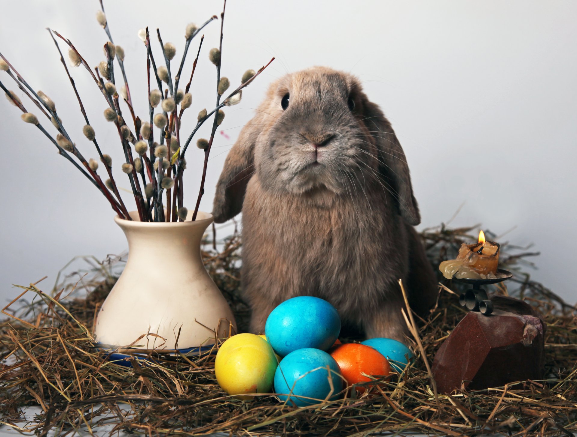 rabbit easter willow eggs candle straw