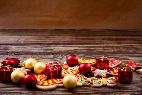 Christmas decorations on a wooden background