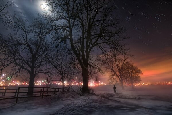 Night city in the light of lights in winter