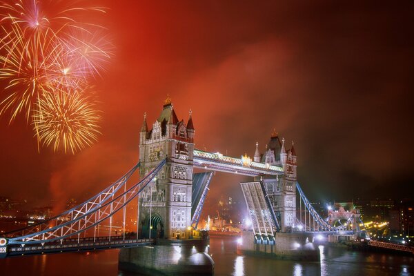 Fireworks over the bridge in London