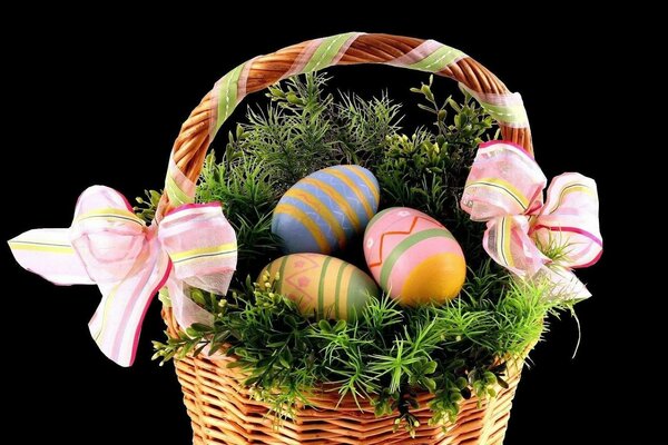 Basket with colored eggs for Easter