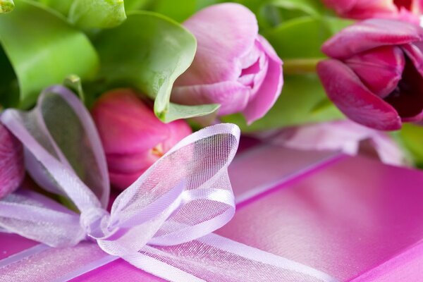 Boîte rose et tulipes roses