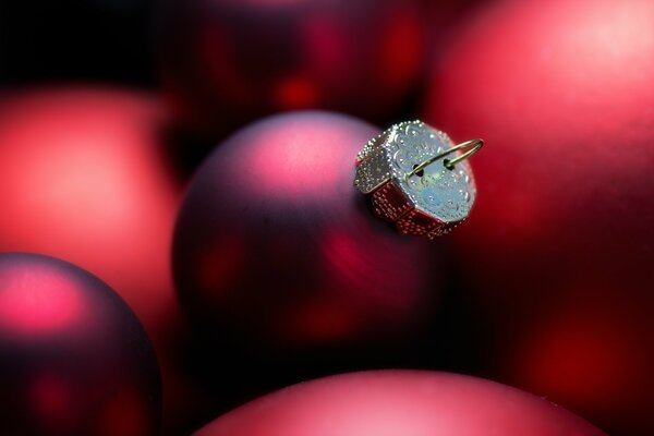 Red Christmas balls close up