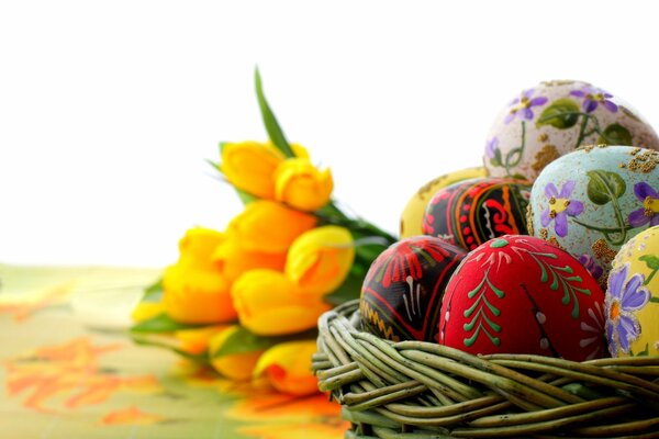 Painted eggs in a basket for Easter