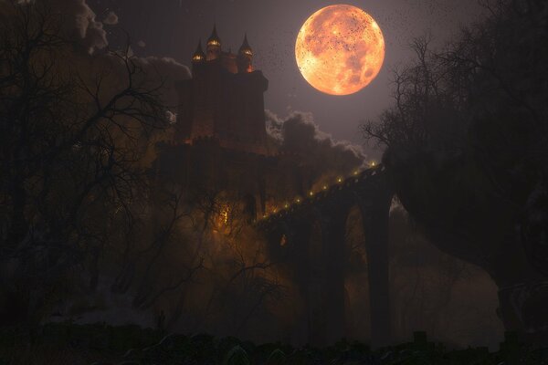 Dracula. The road to the castle in the moonlight