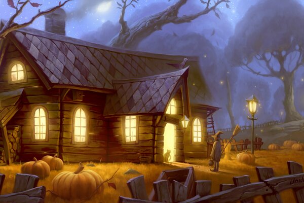 Beautiful witch house with pumpkins