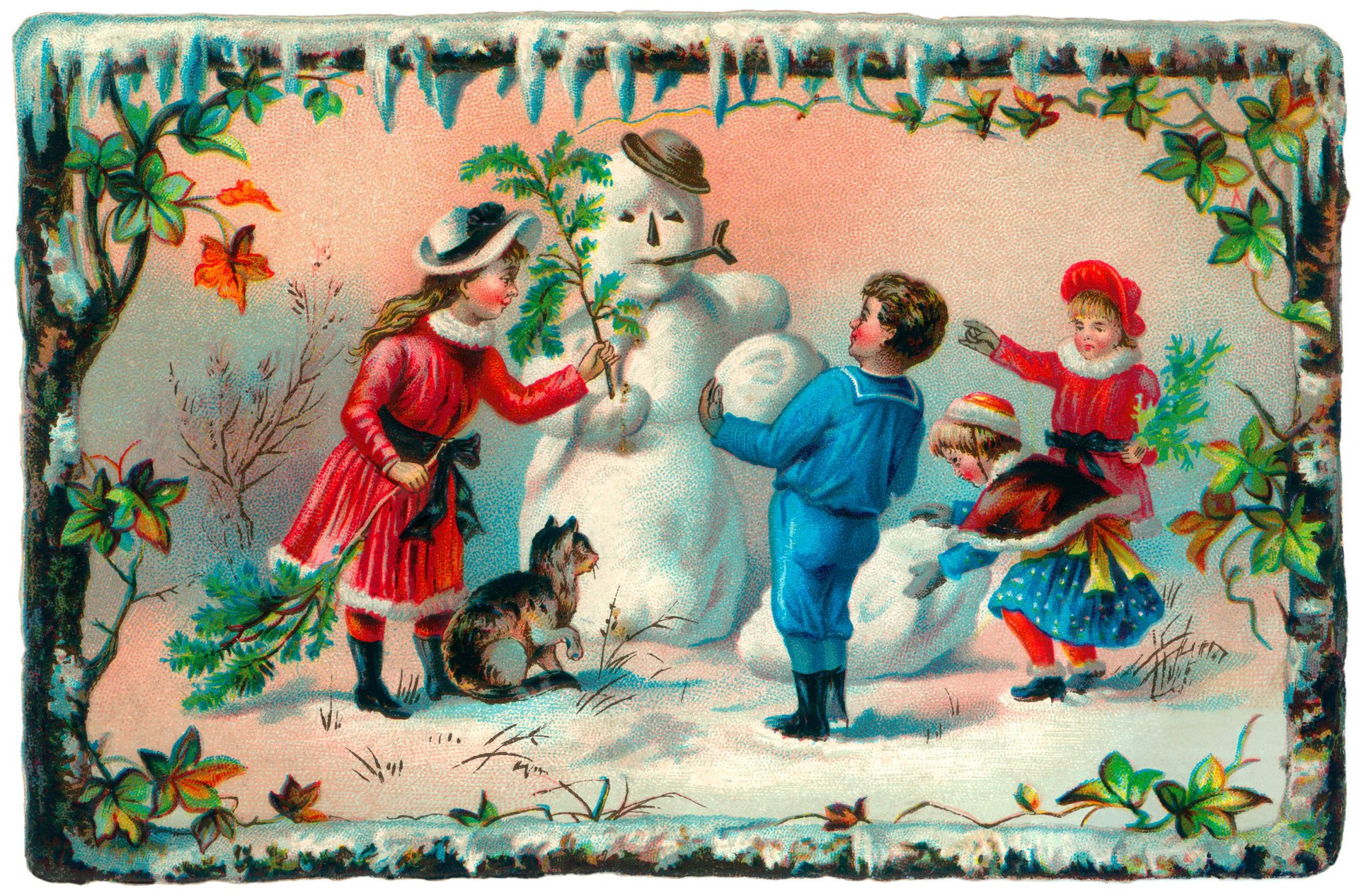 enfants filles garçon chat bonhomme de neige hiver carte postale