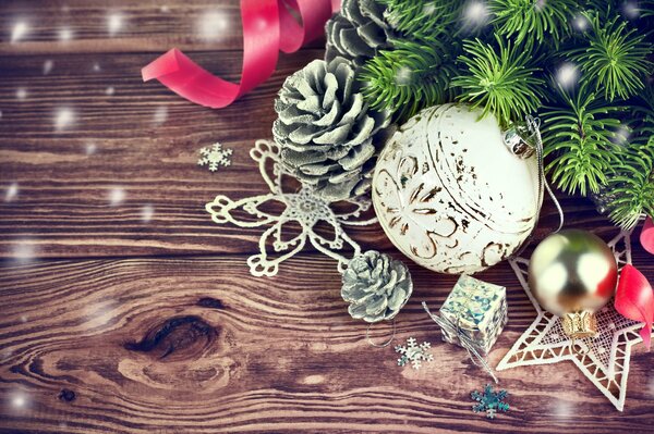 Decorations for the new year on a wooden countertop