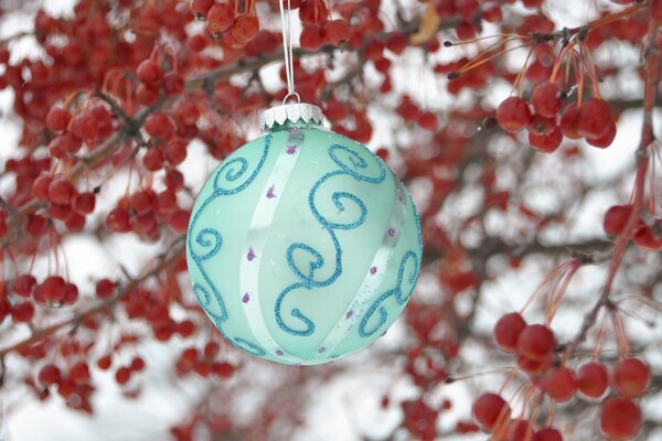 Weihnachtsbaum, türkisfarbene Kugel auf einem Hintergrund von roten Beeren