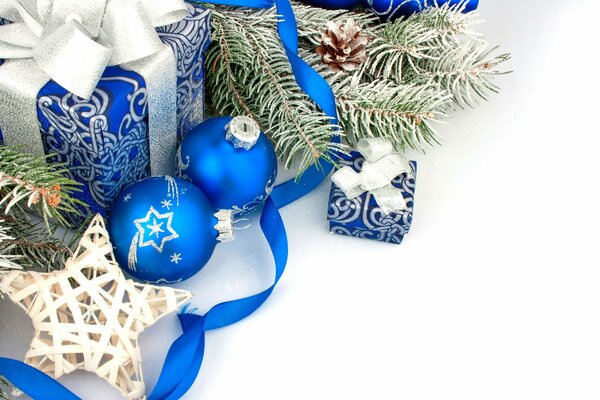 New Year s gifts and decorations in blue tones