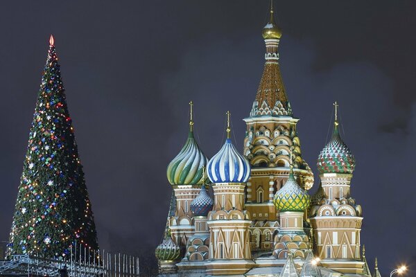 Basilius-Kathedrale im Winter mit Weihnachtsbaum