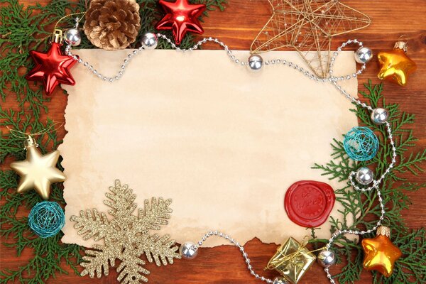 Frame of Christmas toys and decorations and paper for text