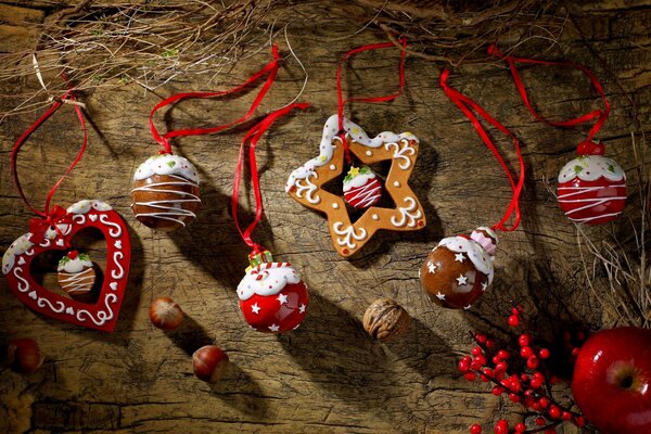 Christmas wall decorations in the shape of stars and hearts